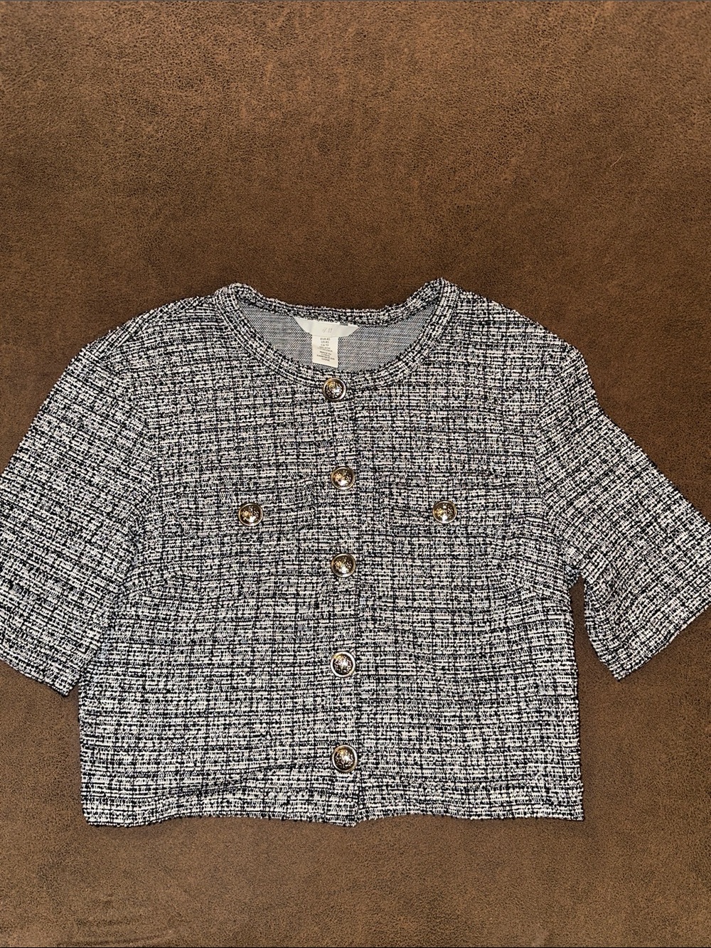 Cropped Tweed Button-Front Top - Black & White
